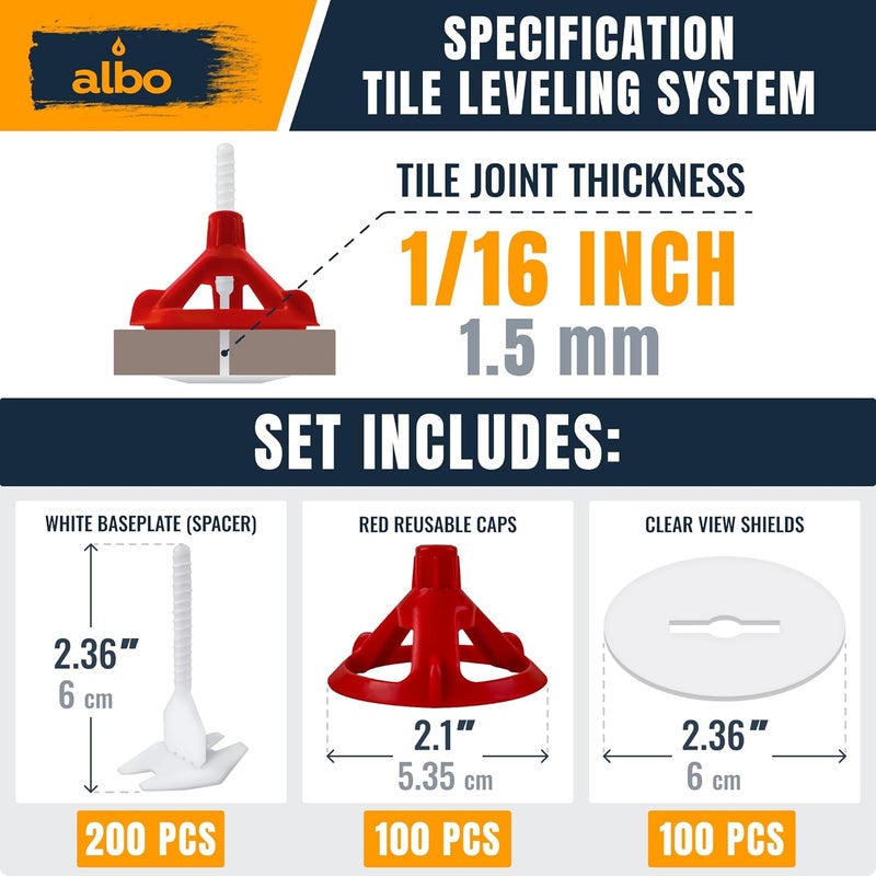 ALBO Tile Leveling System Set 1/16 inch - 200 PCS - Professional Floor & Wall Spacer Kit with Reusable Caps & Protection Plates - Anti-Lippage Installation Tools for Large and Small Tile Formats - Image 2